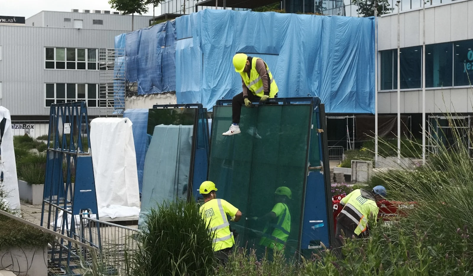 Tradespeople in yellow high-visibility vests handling large commercial glass panels beside a building